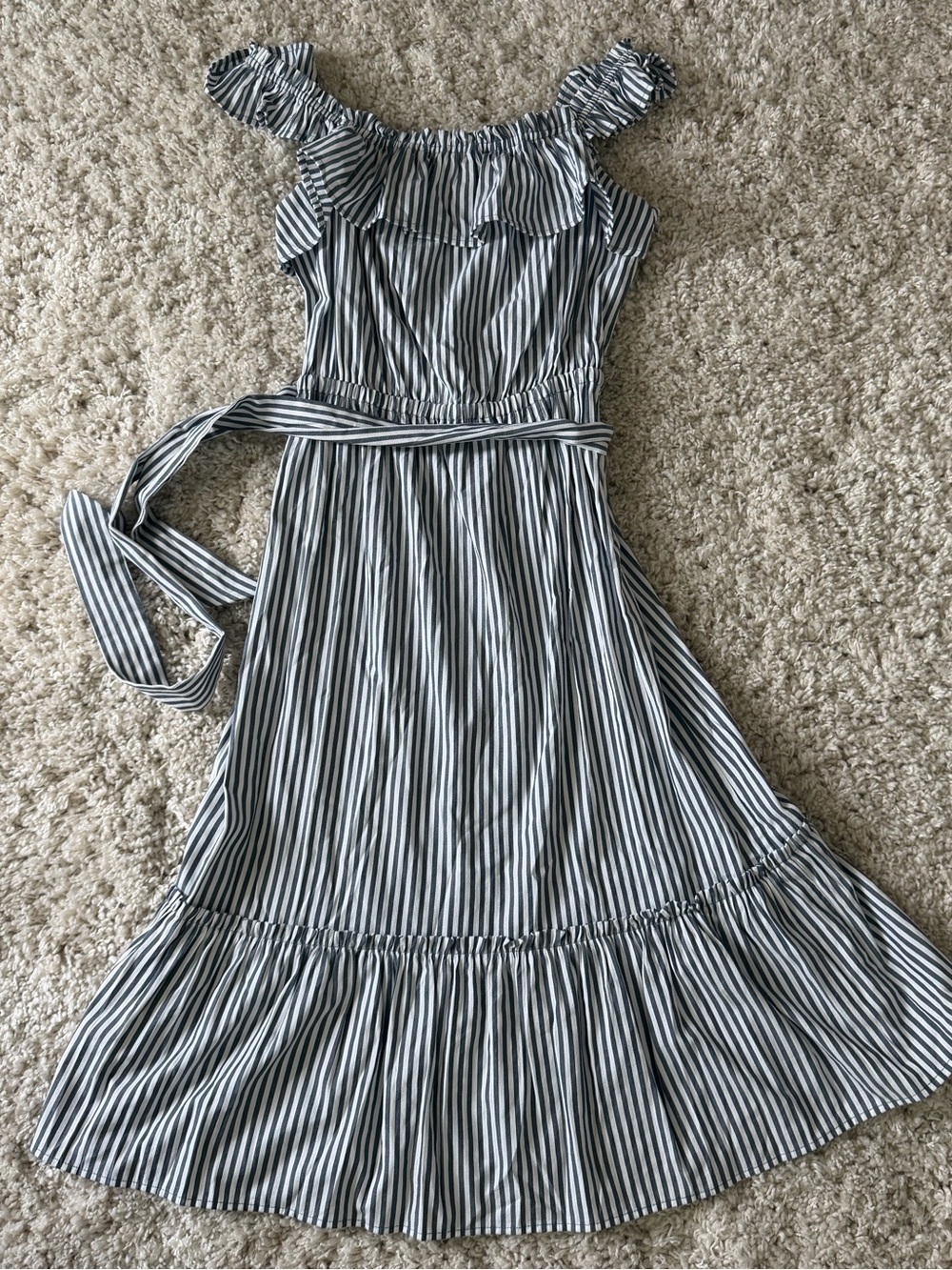 Michael Kors Navy & White Striped Ruffle Midi Dress